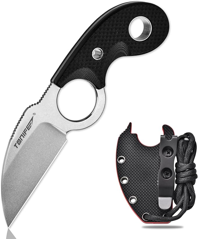 TONIFE Small Fixed Blade Knife Full Tang EDC Camping with Sheath Lanyard and Clip Blade Length 2.172.5 oz.with Sheath (Black - Stonewash)