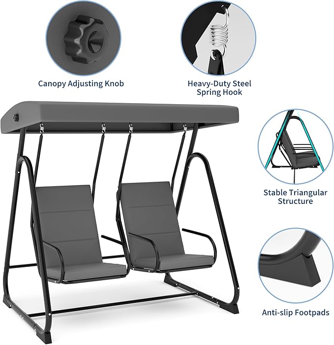 2-Person Patio Swing Chair with Adjustable Canopy - Heavy Duty Outdoor Swing Glider with Removable Cushions for Porch Garden Poolside &amp Backyard Relaxation Dark Grey