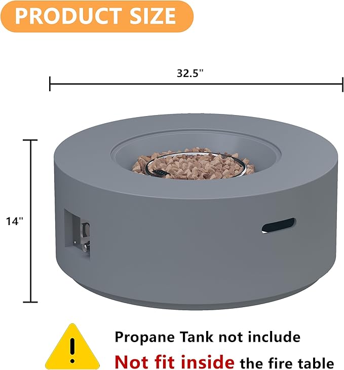 32 inch Round Propane Fire Table 50000 BTU Gas FirePit Patio Fire Pit Table with Steel Lid Rain Cover 10ft Propane Hose Lava Rocks Grey