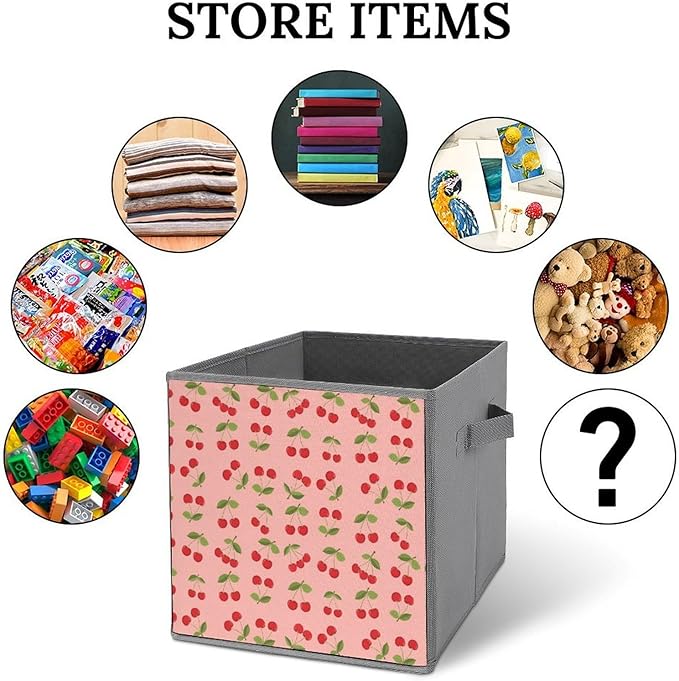 Fabric Cube Storage Bins with Handles Pink Cherry Fruit Theme Cherries Foldable Collapsible Organizer for Shelving Units Decorative Box for Living Room &amp Bedroom Decor