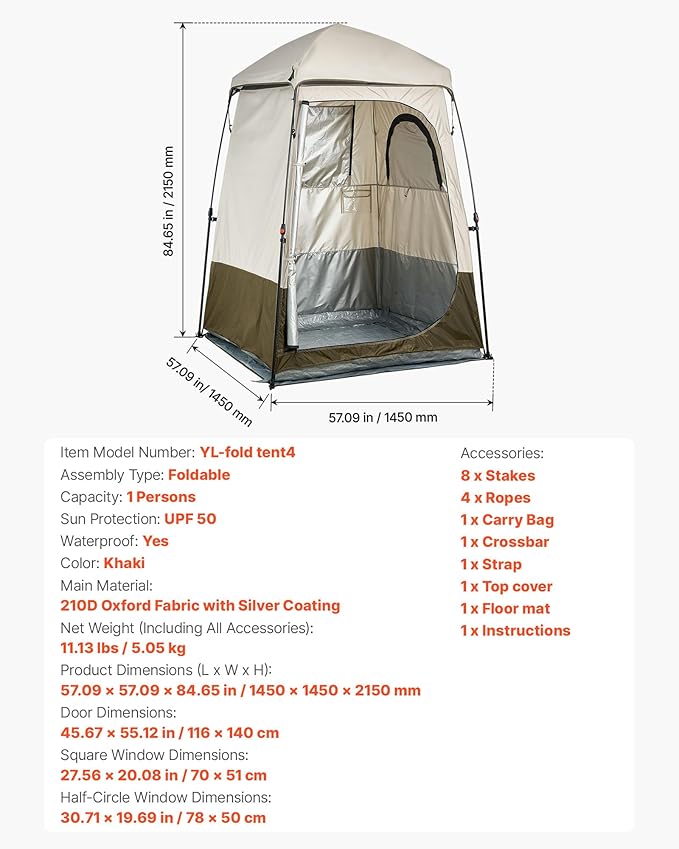 VEVOR Camping Shower Tent 1 Room Foldable Privacy Tent Changing Room with Ground Stakes Ropes Carry Bag and Crossbar 210D Oxford Fabric with Silver Coating for Camping Beach and Fishing