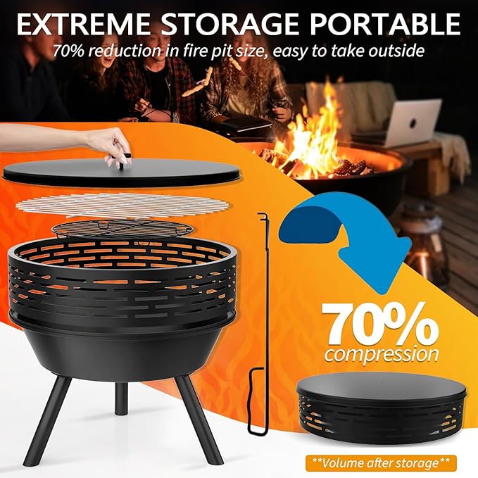 3-in-1 Fire Pit with Grill &amp Lid 23 Outdoor Fire Pit Table Cast Iron Wood Burning Firepit Heavy Duty Fire Bowl for Outside Patio Backyard Fireplaces Large BBQ Pit Table with Fire Poker