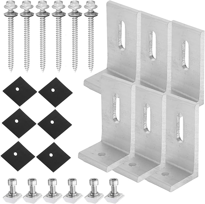 6 Pack Solar Mount L-Bracket with Hardware Aluminum Alloy Photovoltaic Solar Panel Mounting L Brackets for RV Boat Off Grid Roof Motor Home Roof