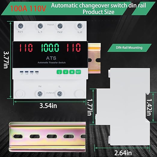 100amp AC110V Automatic Transfer Switch with LED Display 50/60Hz 2P ATS Auto Dual Power Outdoor Changeover Switch for Home GeneratorL1 Priority Din Rail Mount CE Certified Selector Transfer Switches