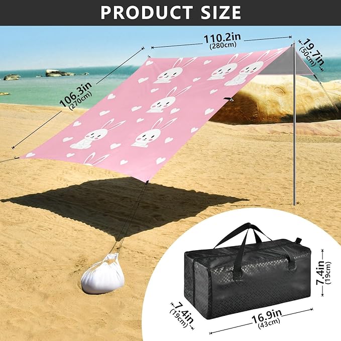 Beach Canopy with Windproof Ropes &amp Sandbags Beach Tent Sun Shade Sun Shelter for Camping Trips Fishing Backyard Fun or Picnics Rabbit