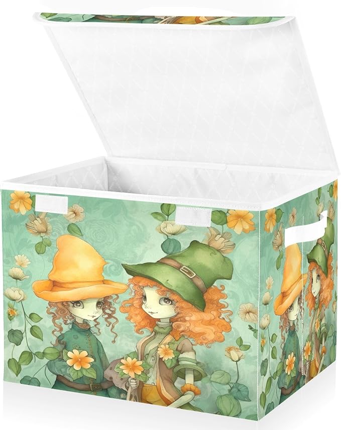 Christmas Storage Baskets with Lids Elf Girls in A Flower Field Collapsible Bins Stackable Fabric Linen Baskets Closet Organizer Container 16.5x12.6x11.8