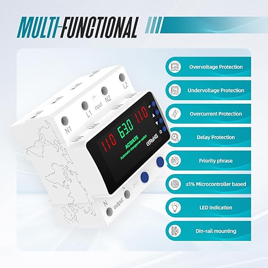 Automatic Transfer Switch 63A 110V Manual Changeover Switch DIN Rail Mount 63Amp AC 2P Dual Power Mini ATS with LED Display for Home Generator &amp Gas Furnace Adjustable Voltage 50/60Hz CE Certif