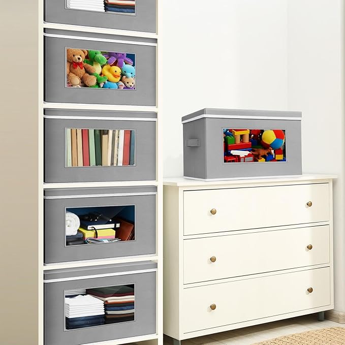 Threehoney 10 Pcs Fabric Storage Cubes with Lids and Clear Windows 17x12 Inch Foldable Closet Organizer Bins Aesthetic Dark Gray Storage Bins for Shelves Dorm Essentials Craft &amp Office Organizatio