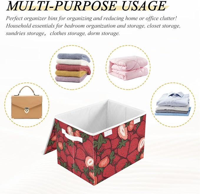Storage Bins with Lids Storage Containers Box Organizer Bin Basket with Handles for Closet Shelves Clothes Stackable Foldable Decorative Cartoon Red Strawberry
