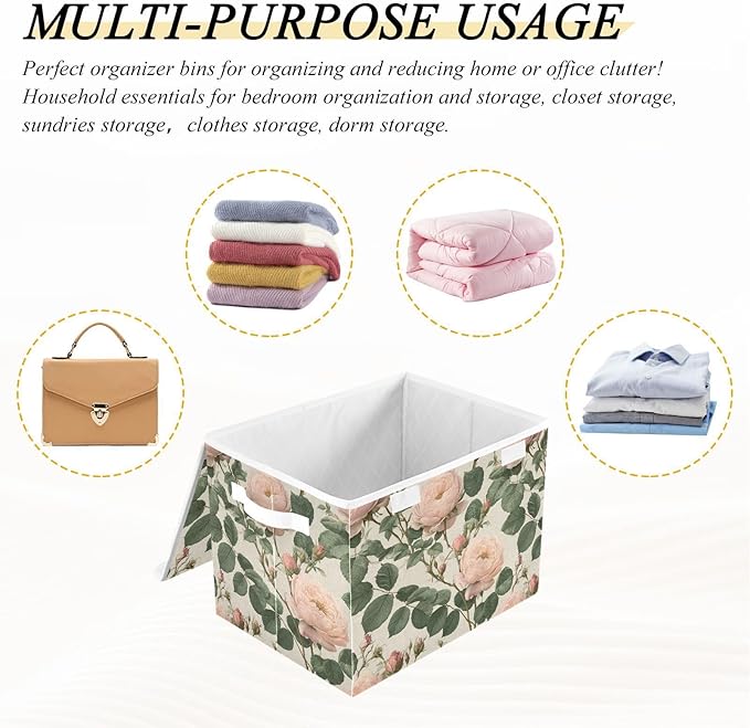 Blush Pink Rose Retro Collapsible Storage Bins with Lids Decorative Fabric Cubes Closet Organizer Basket Boxes Containers for Clothes Box Chest Folding Rectangle
