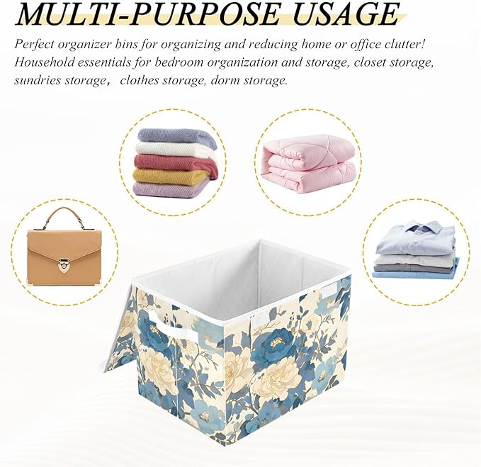 Blue White Peony Lidded Storage Bins with Handles - 16.5x12.6x11.8 Foldable Organizing Box Oxford Fabric &amp Honeycomb Board Dust-Proof Flip Lid for Closet/Office