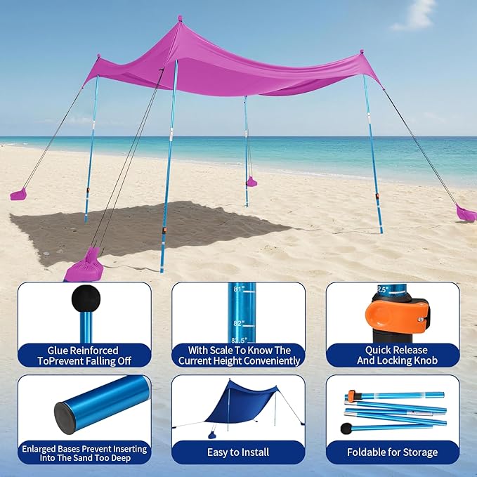 CROWN SHADES 10x10 Beach Tent Sun Shelter Easy Pop Up Beach Canopy Shade Portable Outdoor Carpas UPF50+ Includes 4 Poles Adjustable Aluminium Extra-Large Big Sand Shovel Purple
