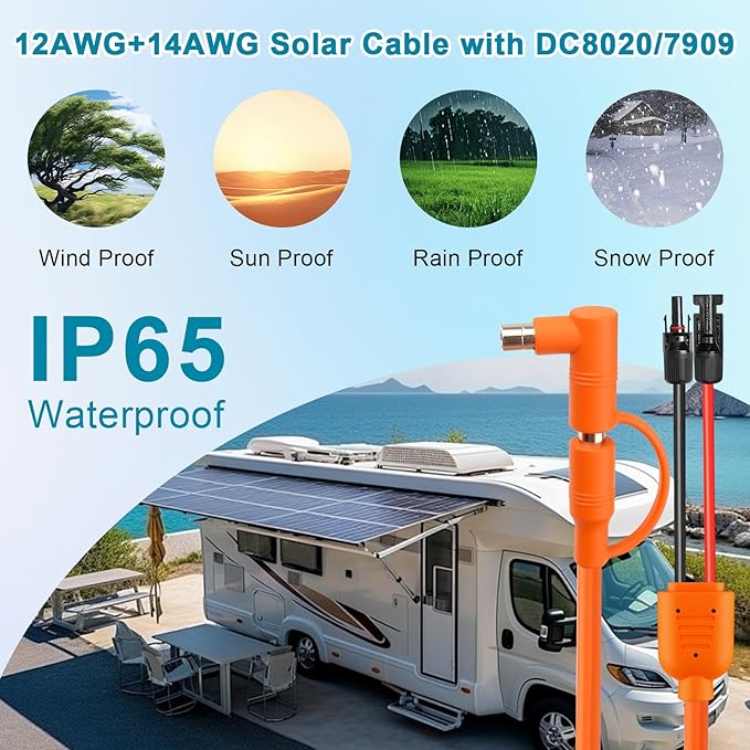 XRDS -RF Solar Panel to DC 8mm Adapter Cable 40FT Solar Connector to DC7909/8020 Male Plug Extension Cord 12AWG+14AWG Tinned Copper Wire Compatible with Portable Power Station