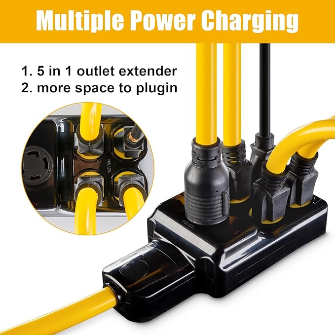 NEMA L14-30P to 4X 5-20R/5-15R&ampL14-30R Generator Adapter Extension Cord 4 Prong 30 Amp to 110VTwist Locking to 15 Amp/20 Amp Household Outlet 125/250V 7500 Watts ETL Listed (10FT)