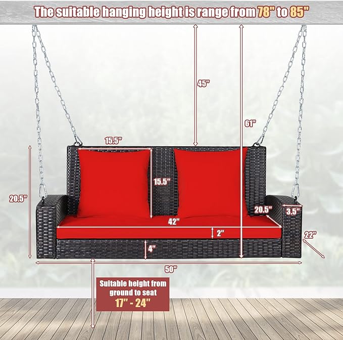 Tangkula 2-Person Wicker Porch Swing Patiojoy Outdoor Rattan Hanging Swing Bench W/ 2 Back Cushions &amp 1 Seat Cushion Sturdy Steel Chain 800lbs Weight Capacity