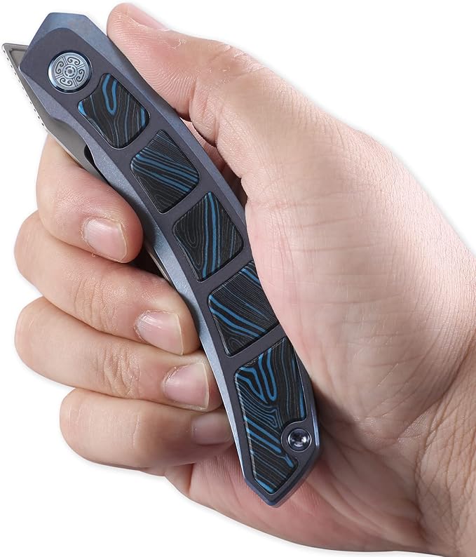 CavolKnife Kamasu Front Flipper Folding Knife3.74 M390 Steel Blade Persian Knife 6AL4V Titanium &amp Gmascus Handle Pocket KnifeTitanium Pocket Clip (Blue-ceramic)