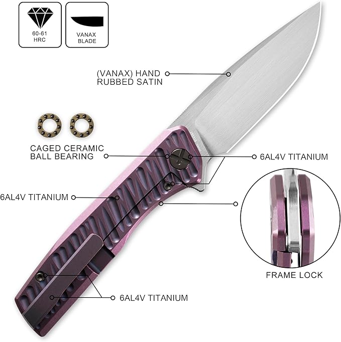 IOI Commander I93358 Folding Pocket Knife for Men – Premium Vanax Blade EDC Knife with Clip 6AL4V Titanium Handle Camping &amp Work Knife Gift Pocket Knife for Everyday Carry