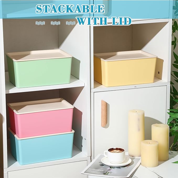 Menkxi 4 Pcs Storage Bins with Lids Plastic Stackable Containers for Organizing Shelves Christmas Ornament Box Baskets(Red Green Yellow BlueSmall)