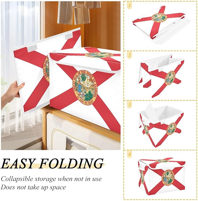 Florida State Polyester Flag Fl Red Storage Container with Lid Collapsible Box Organizer Boxes for Storage for Dorm Room