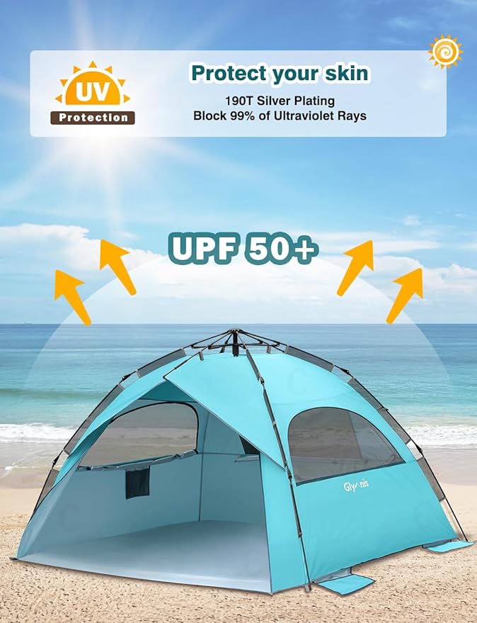 Glymnis Pop Up Beach Tent Sun Shade Shelter for 4 Person Portable Automatic Hydraulic Beach Tent with UPF 50+ Lightweight &amp Vent Windows Easy Setup for Family Picnic