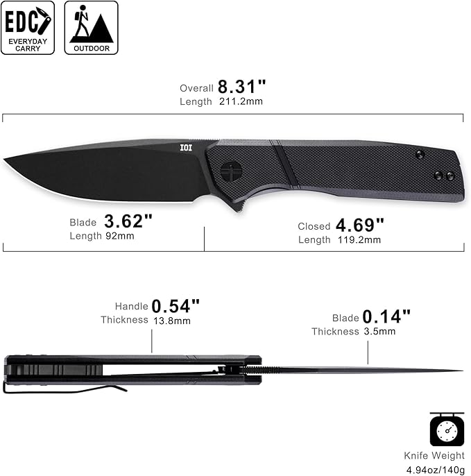 IOI Task Force I51784 Tactical Pocket Knife for Men – 14C28N Black Titanium PVD Folding Blade Black G10 Handle EDC Folding Knife with Clip Enhanced Custom LeftSide Clip for Everyday Carry &amp Cam
