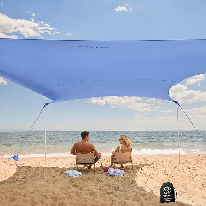 WEKAPO Beach Tent Sun Shelter - Easy Setup Beach Canopy with 4 Sturdy Poles Large Sandbags and Shovel 6'7'' Tall Windproof Sun Shade for Backyard and Camping UPF 50+ Protection