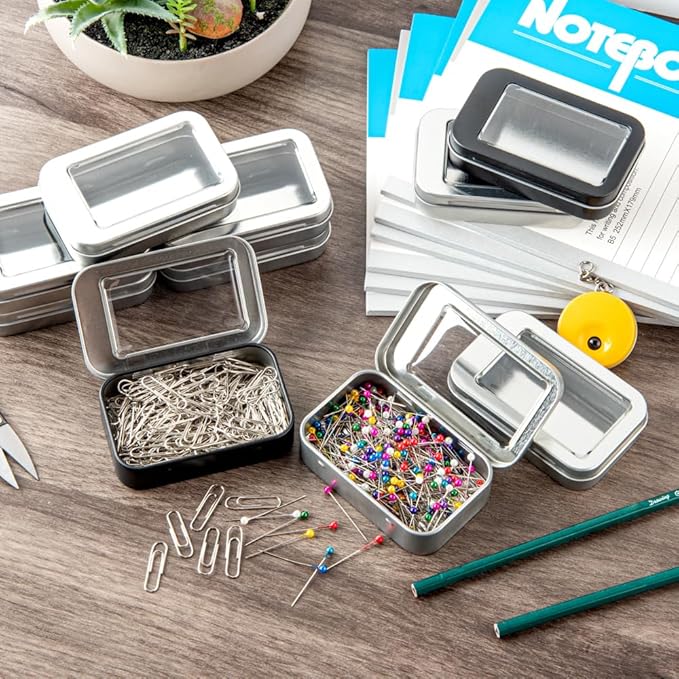 Restaurantware-RW Base 4.5 Ounce Rectangular Tin Containers 100 Durable Tin Boxes With Lids - Clear Window Lids Rounded Edges Silver Storage Containers Customizable Fits Mints Or Pills