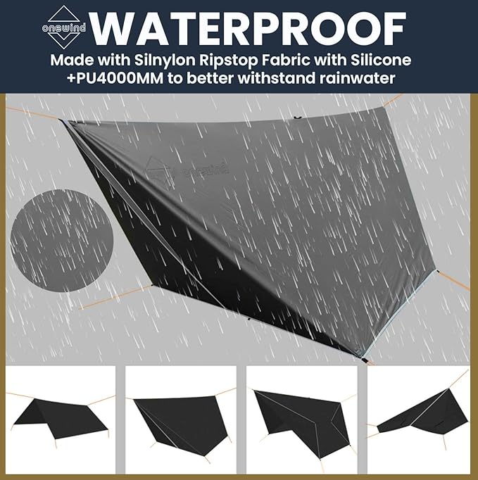 Onewind 11×10 ft Hammock Tarp Lightweight Silnylon Hammock Rain Fly 4000mm Waterproof 4-Season Multiple Shelter Solution Camping Tarp Tent with Complete Accessories Dark Grey
