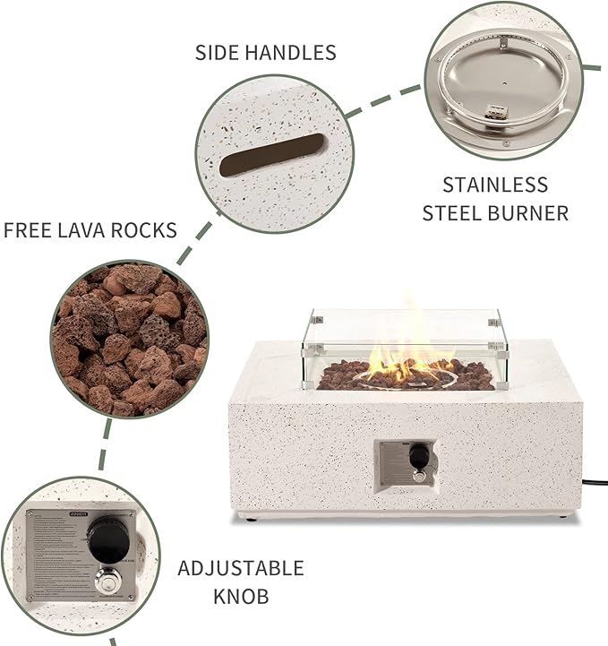 COSIEST 35-inch Square Outdoor Sandstone Propane Fire Pit w Wind Guard and Side Table Certified 50000 BTU Stainless Steel Burner Free Lava Rocks and Rain Cover Metal Lid(Beige)