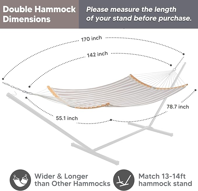 SUNCREAT Hammocks 14 FT Quick Dry Hammock Double Size with Spreader Bar 2 Person Hammock for Outdoor Patio Yard Poolside 450 lbs Capacity Light Gray