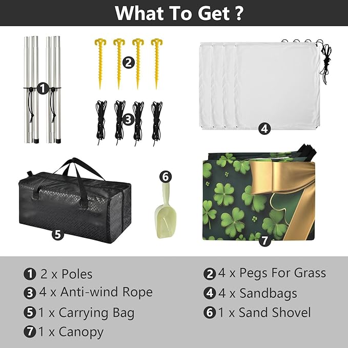 St Patrick's Day Bow Clover Beach Tent Sun Shelter Set UPF50+ UV Protection 10.5 x 9.19 FT Camping Shade Canopy with Sandbags Sand Anchors Carrying Bag and Others