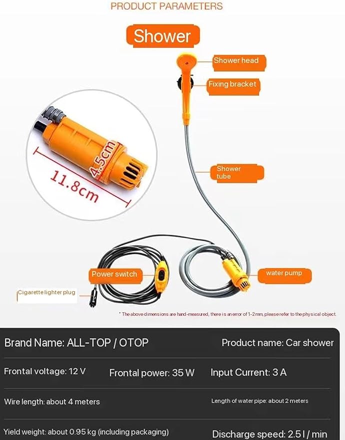 Camping Car Shower 12V Electric Outdoor Shower KitPortable Camping Outdoor Shower for Camping and Car WashingPet Washing (B)