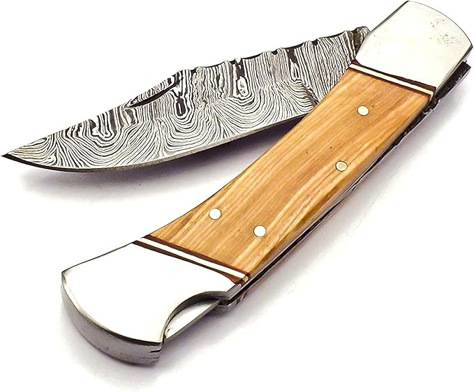Nooraki - Handmade Damascus Pocket Knife with Pure Leather Sheath | Folding Knife Hunting Camping Multi Tool Knife With Leather Sheath Wood Handle - Gift for Men &amp Women