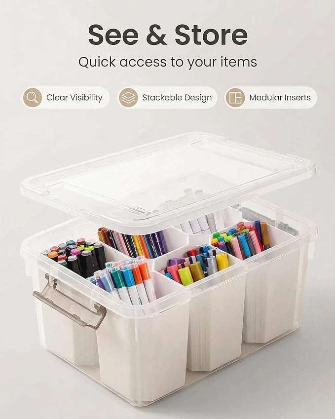 EOENVIVS Clear Plastic Storage Box with Dividers Transparent Organizer Bin with Lid and Handle Multi-Compartment Container for Office Supplies Craft Tools Cables and Accessories