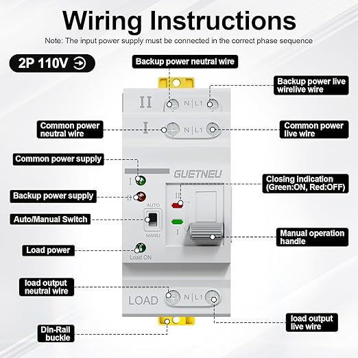 ATS Dual Power Automatic Transfer Switch 2P 63A 110V Manual Transfer Switch Uninterruptible Millisecond-Level ATS 50/60 Hz White CE