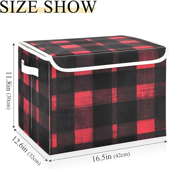 Storage Cube with Lid Black and Red Plaid Print 16.5×12.6×11.8 IN Collapsible Large Capacity Foldable Storage Basket Bin Organizer