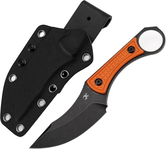 KANSEPT Niko Fixed Blade Knife 3.54'' Blackwash D2 Sharp Blade with Orange G10 + Frag Pattern Handle Adjustable Kydex Sheath for Edc Hunting Survival Camping G004A10