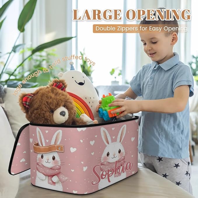 Custom Storage Basket with Name Personalized Storage Bins with Zipper Lid Foldable Fabric Storage Box Large capacity with Handle Scarf Bunny