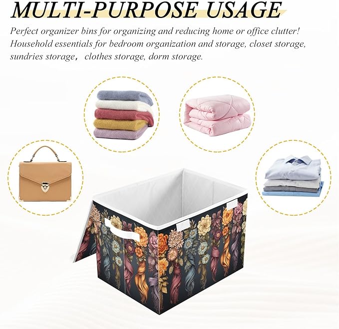 Aesthetic Flowers Storage Cube with Lid Collapsible Fabric Storage Bins Basket with Handle for Home Bedroom Closet Office 16.5×12.6×11.8 in