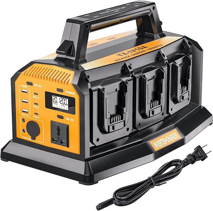 2-in-1 Portable Inverter Charger 1200W Pure Sine Wave Inverter &amp 6A Rapid Charger for DeWalt 20V Battery 6-Port DC to AC 120V Converter 3 USB-A + 3 USB-C 300lm LED Light for RV Camp Off-Grid