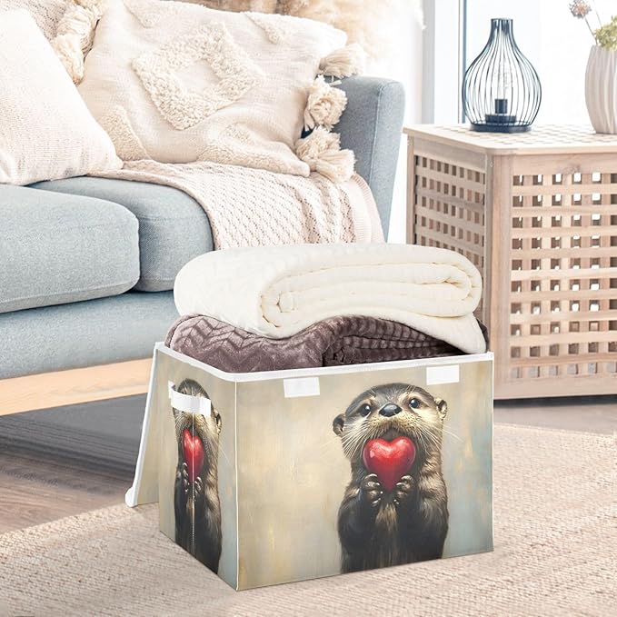 AIXIWAWA Lidded Storage Cube (Heart Otter) Fabric Foldable Closet Bins with Flip Lid and Handles Organizer Basket Container 16.5 x 12.6 x 11.8 IN
