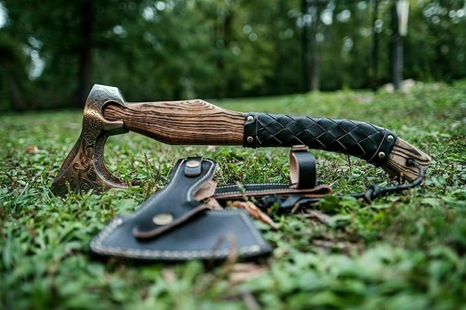 Hand-Forged Viking Axe with Carbon Steel Blade – Ash Wood Handle – Norse Inspired Battle Hatchet for Camping Throwing Collecting or Unique Gifting – Handmade Craftsmanship.
