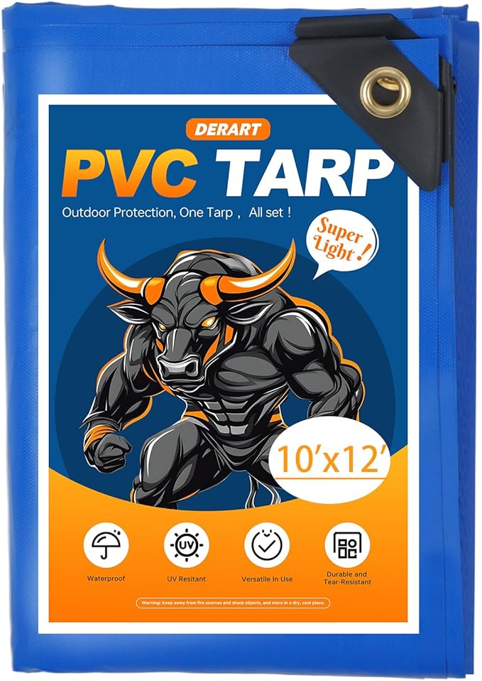 10x12 FT Blue Heavy Duty PVC Tarp 10.6 Mil Waterproof Cover with Reinforced Brass Grommets UV &amp Tear Resistant for Outdoor Camping Truck Boat Pool &amp Patio