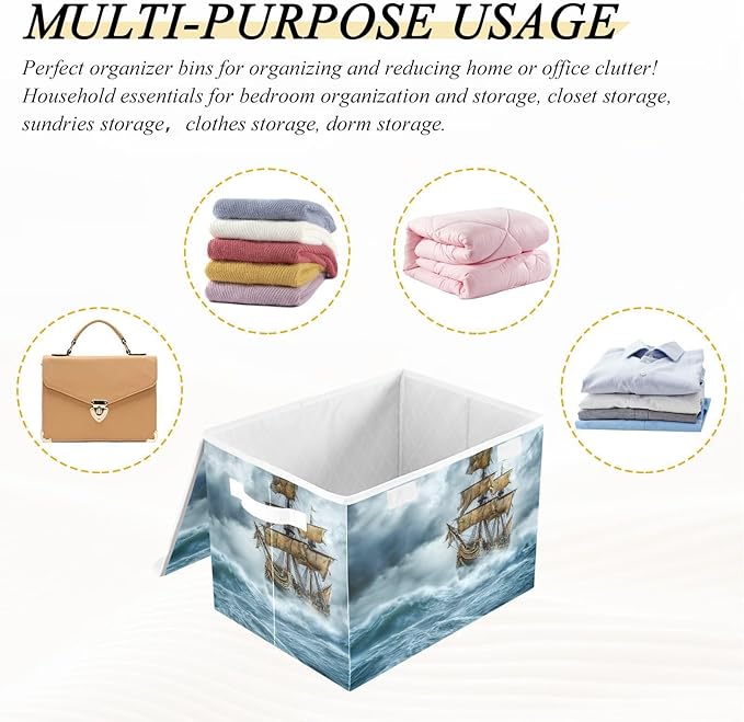 Sea Ship Storm Large Linen Storage Bins with Lid &amp Handle Foldable Storage Cubes Organizer Box Basket with Flip-Top Lid for Home Office 16.5” x 12.6” x 11.8”