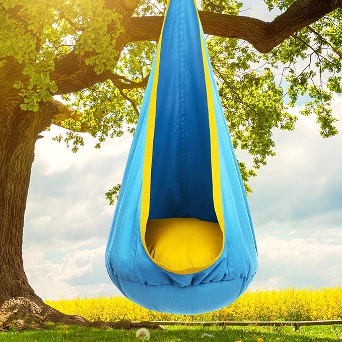 Y-STOP Kids Pod Swing Seat Hanging Hammock Chair with Inflatable Pillow Sensory Swing Chair with Pocket for Indoor and Outdoor (Blue Yellow)