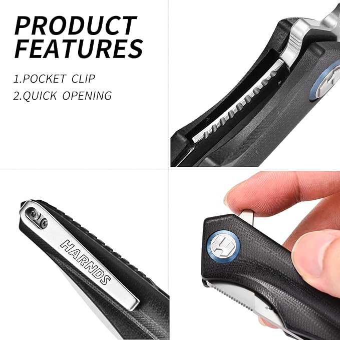 Harnds Qingluan Folding Knife with Pocket Clip D2 Steel Blade 3.54'' and G10 Handle Outdoor Adventure knife EDC Camping Knife (Black)