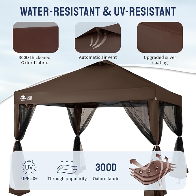 CROWN SHADES Gazebo 10x10 Pop Up Canopy with Mosquito Netting Screen Tent with 4 Ropes 8 Stakes 4 Sandbags and Wheeled Storage Bag Canopy for Patio &amp Backyard PartiesCamping&ampEvents -(Coff