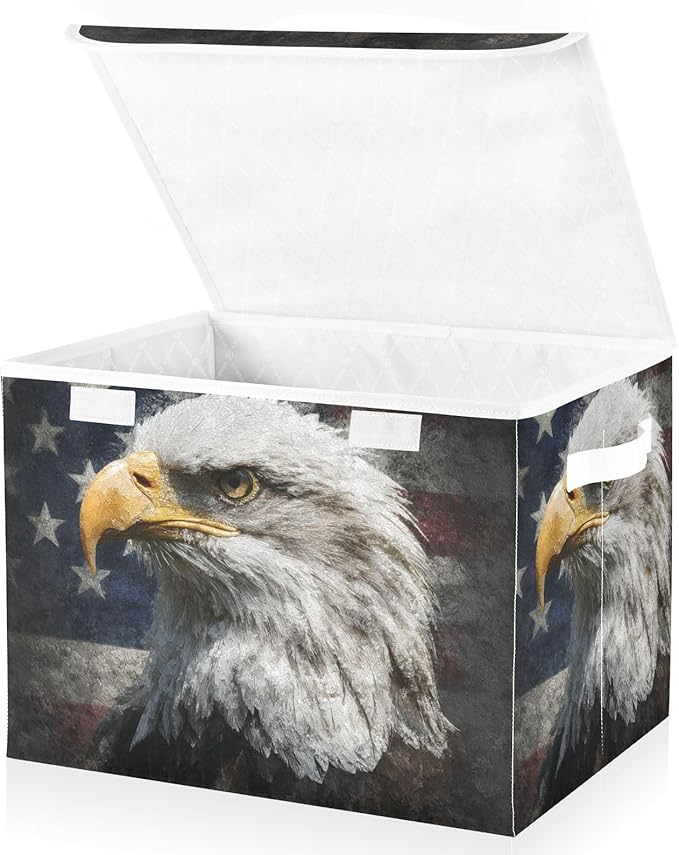Usa Flag Eagles 4th July Storage Box with Lid 1 PC Foldable Storage Bin with Lids Stackable Storage Bins Cube Closet Organizer Basket with Flip-Top Lid &amp Handles for Shoes Books Towels