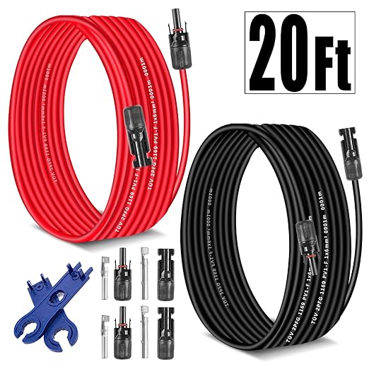 Solar Extension Cable 20Feet 10AWG (6mm²) Solar Panel Cable Red &amp Black PV Wire Male Female Connector Adapter Gauge Wire for PV System