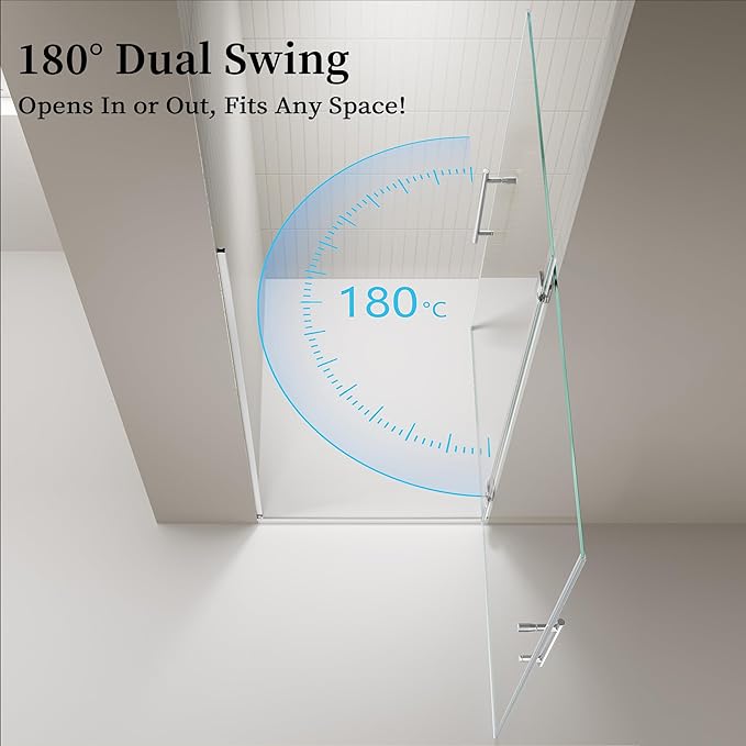 33.6-33.8 x 72 Frameless Hinged Shower Door Single Swing Shower Panel with 5/16” (8mm) Tempered Glass 180° in &amp Out Opening 5mm Adjustable for Non-Vertical Walls (Brushed Nickel 33.8 x 72)